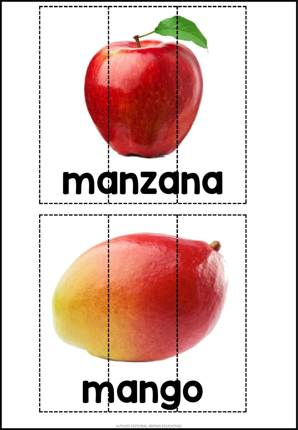 Two three-piece Spanish fruit puzzles with photographs labeled manzana (apple) and mango (mango)
