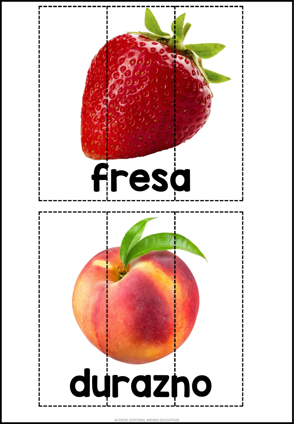 Two three-piece Spanish fruit puzzles with photographs labeled fresa (strawberry) and durazno (peach)