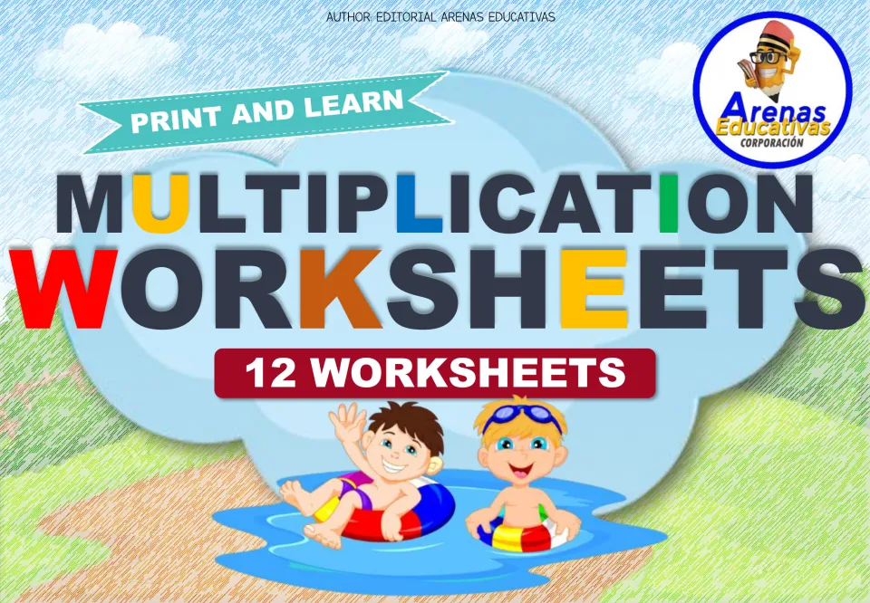 Cover of the multiplication worksheet set, labeled '12 Worksheets' and 'Print and Learn' for math practice.