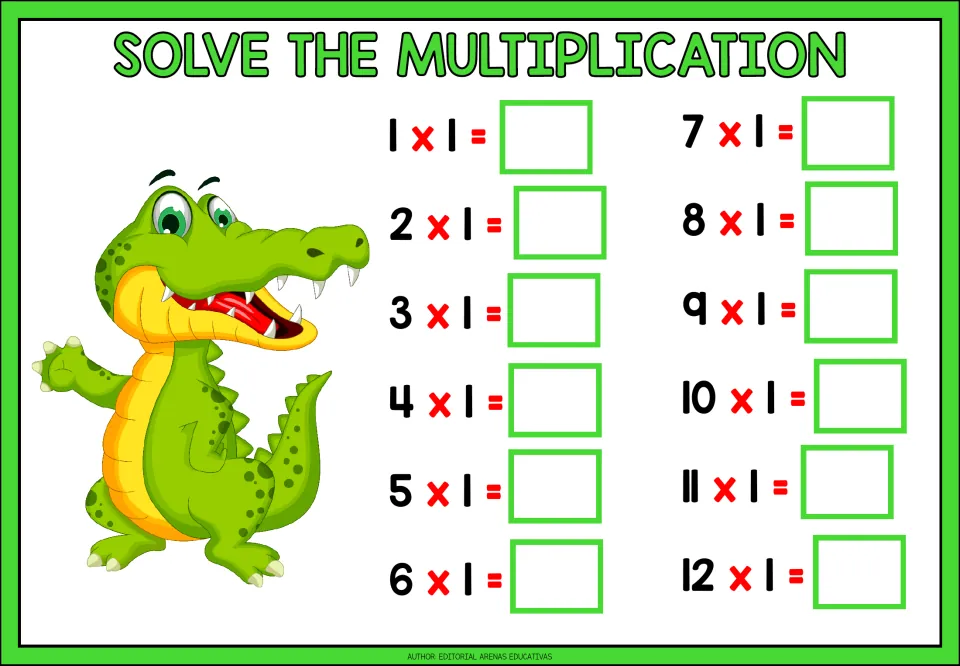 Multiplication practice for the 1 times table: 12 problems from 1 × 1 through 12 × 1 for students to solve.