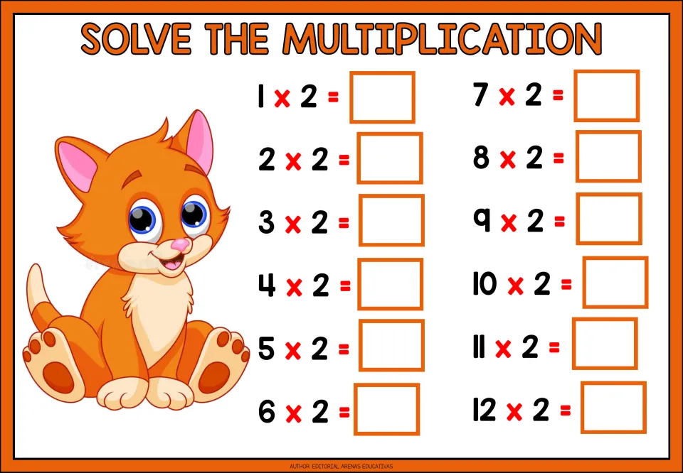 Multiplication practice for the 2 times table: 12 problems from 1 × 2 through 12 × 2 for students to solve.