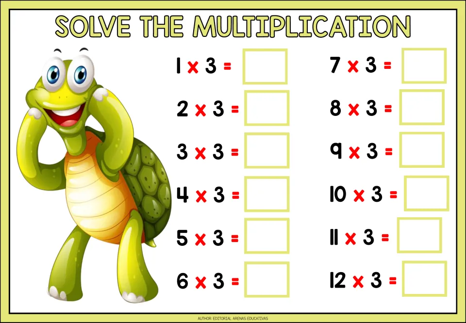 Multiplication practice for the 3 times table: 12 problems from 1 × 3 through 12 × 3 for students to solve.