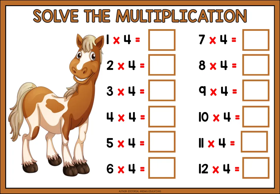 Multiplication practice for the 4 times table: 12 problems from 1 × 4 through 12 × 4 for students to solve.