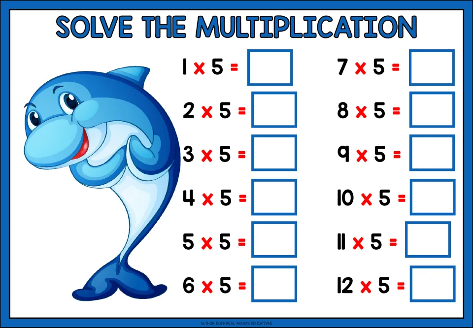 Multiplication practice for the 5 times table: 12 problems from 1 × 5 through 12 × 5 for students to solve.