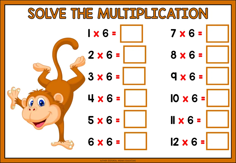 Multiplication practice for the 6 times table: 12 problems from 1 × 6 through 12 × 6 for students to solve.