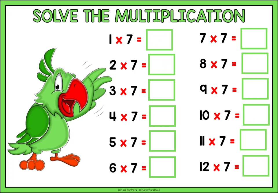 Multiplication practice for the 7 times table: 12 problems from 1 × 7 through 12 × 7 for students to solve.