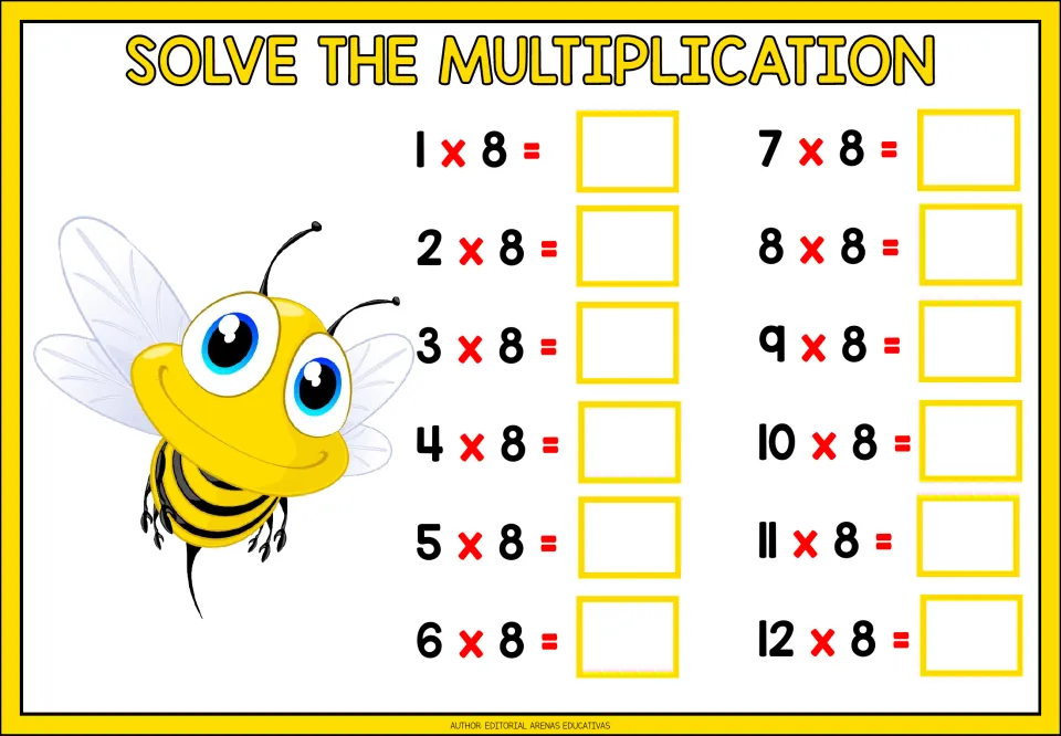 Multiplication practice for the 8 times table: 12 problems from 1 × 8 through 12 × 8 for students to solve.