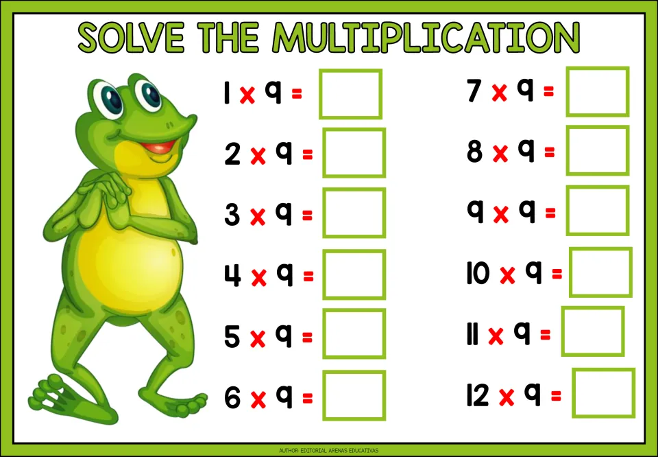 Multiplication practice for the 9 times table: 12 problems from 1 × 9 through 12 × 9 for students to solve.