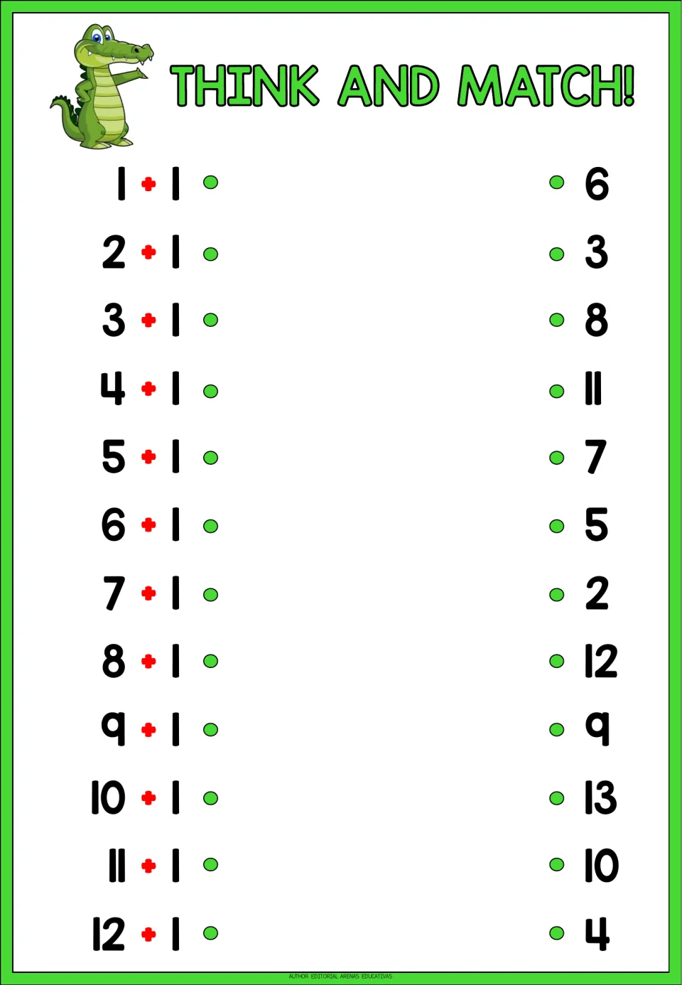 Addition matching sheet 1: solve 1 + 1 through 12 + 1 and match each expression to a listed sum.