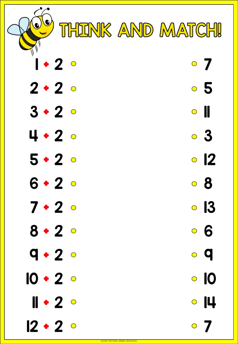 Addition matching sheet 2: solve 1 + 2 through 12 + 2 and match each expression to a listed sum.