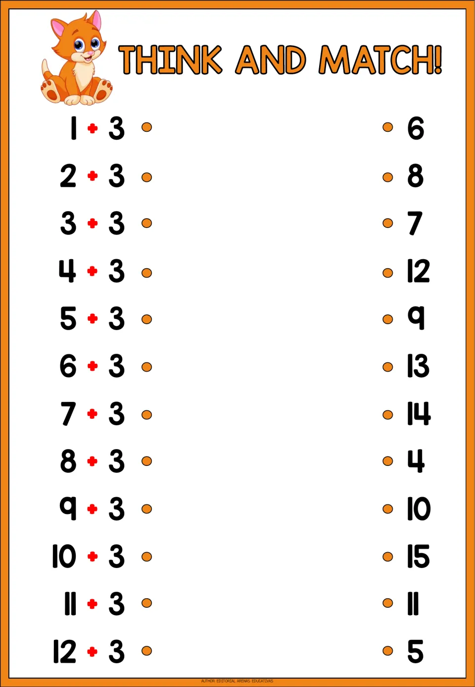 Addition matching sheet 3: solve 1 + 3 through 12 + 3 and match each expression to a listed sum.
