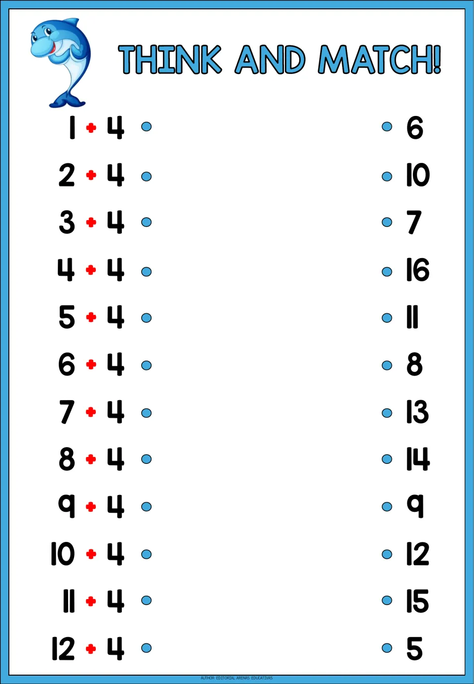 Addition matching sheet 4: solve 1 + 4 through 12 + 4 and match each expression to a listed sum.