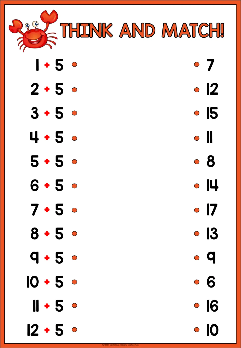 Addition matching sheet 5: solve 1 + 5 through 12 + 5 and match each expression to a listed sum.