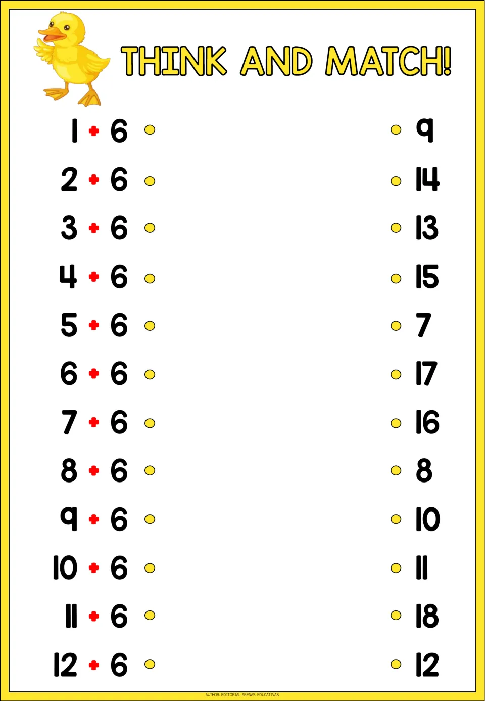 Addition matching sheet 6: solve 1 + 6 through 12 + 6 and match each expression to a listed sum.
