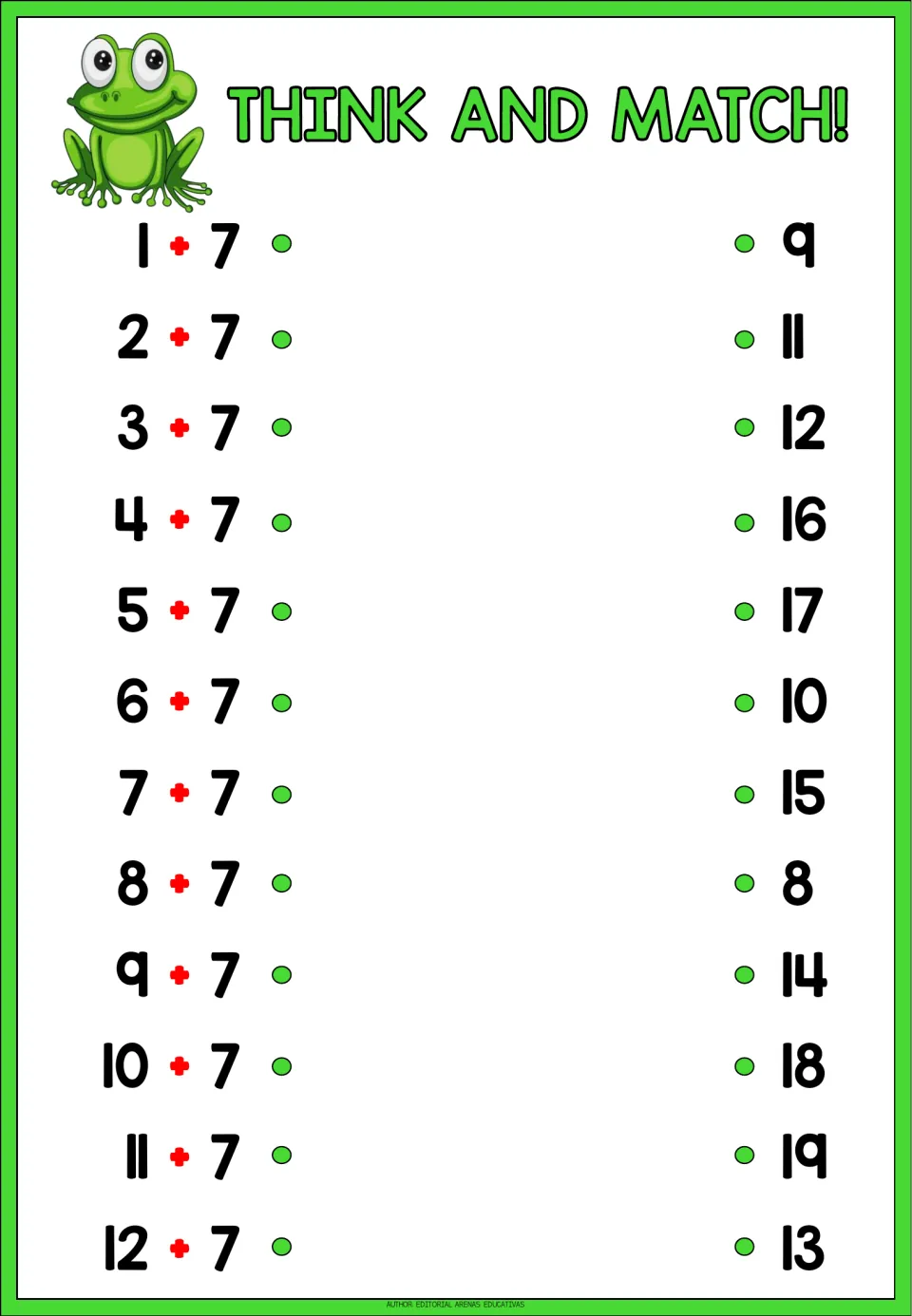 Addition matching sheet 7: solve 1 + 7 through 12 + 7 and match each expression to a listed sum.