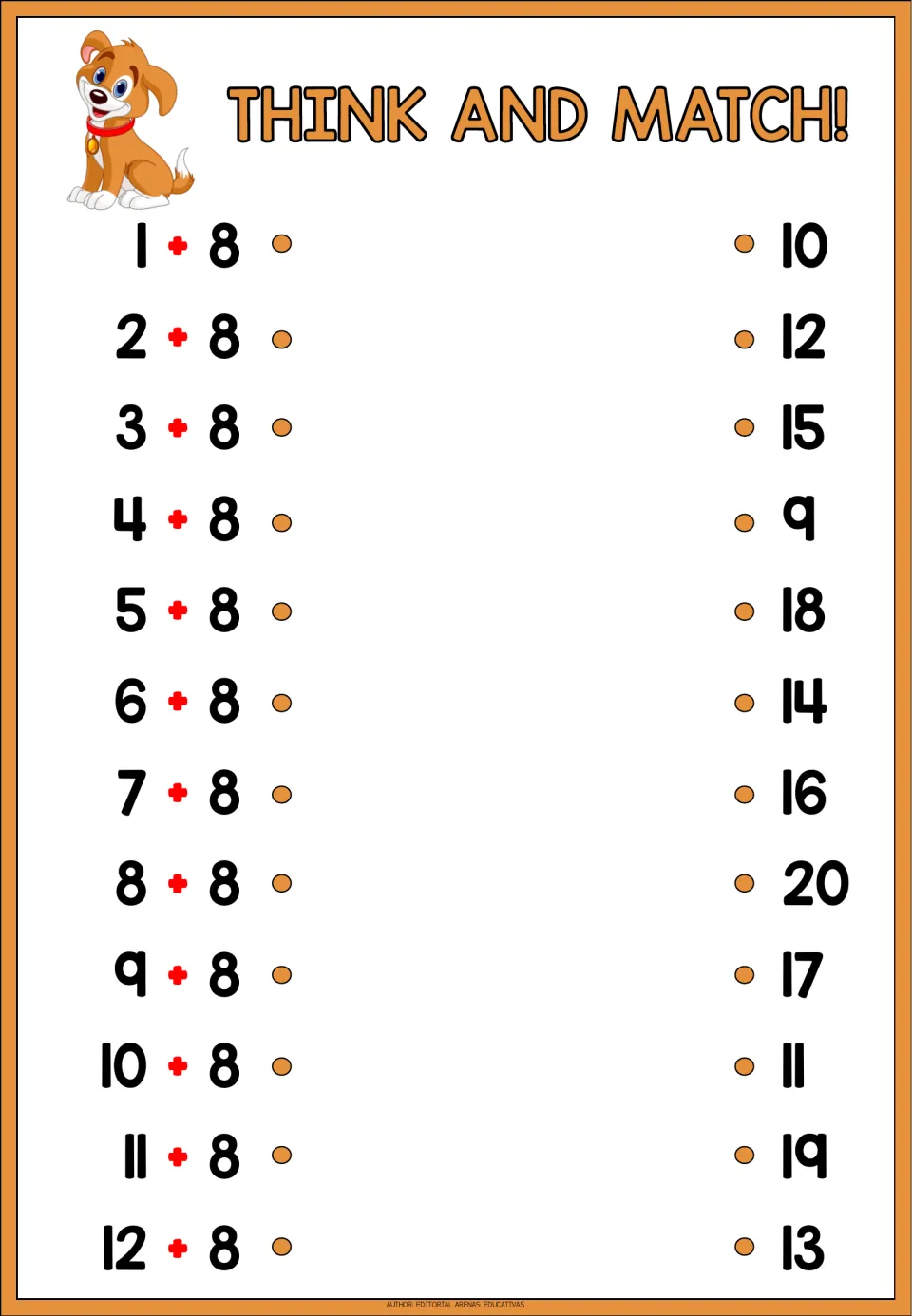 Addition matching sheet 8: solve 1 + 8 through 12 + 8 and match each expression to a listed sum.