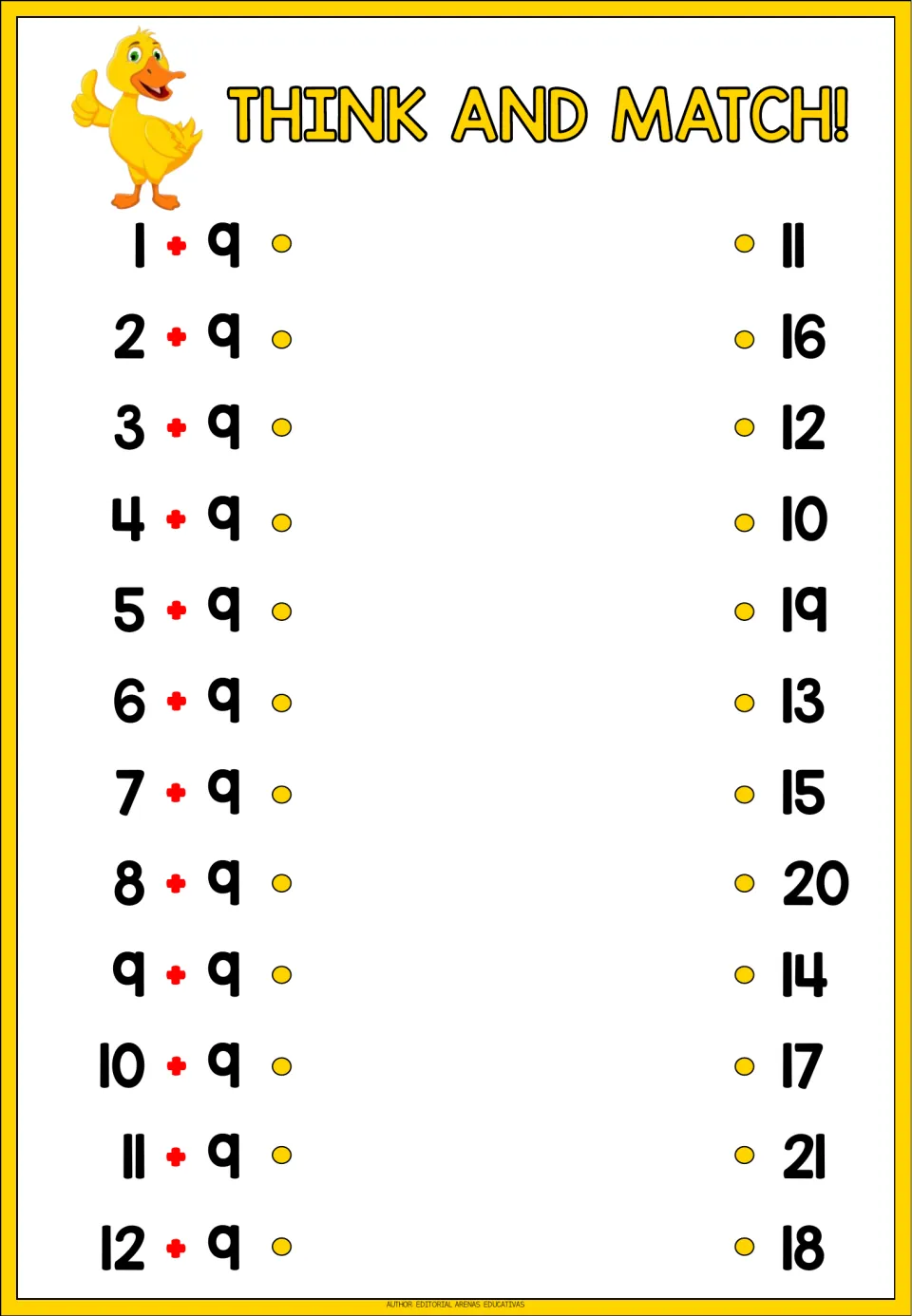 Addition matching sheet 9: solve 1 + 9 through 12 + 9 and match each expression to a listed sum.