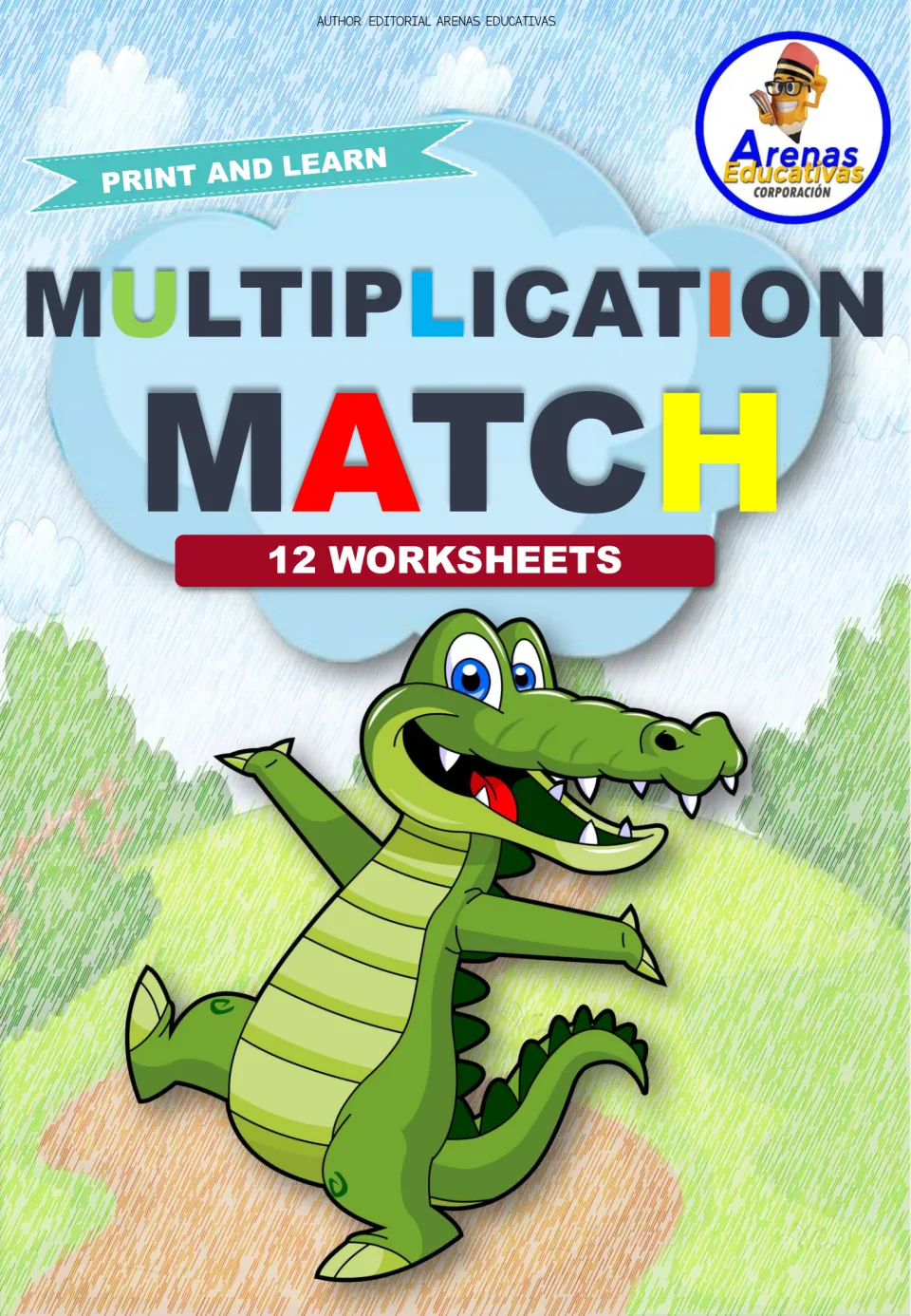 Multiplication Match cover: Print and Learn set of 12 worksheets, shown with a smiling cartoon crocodile on a hill