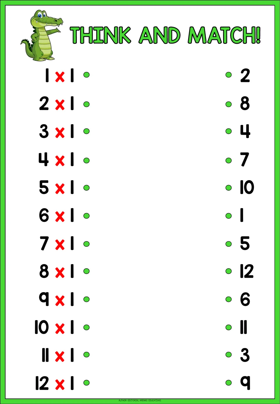 Think and Match! 1 times table: students draw a line from each fact, 1 x 1 to 12 x 1, to its product in a mixed-up list