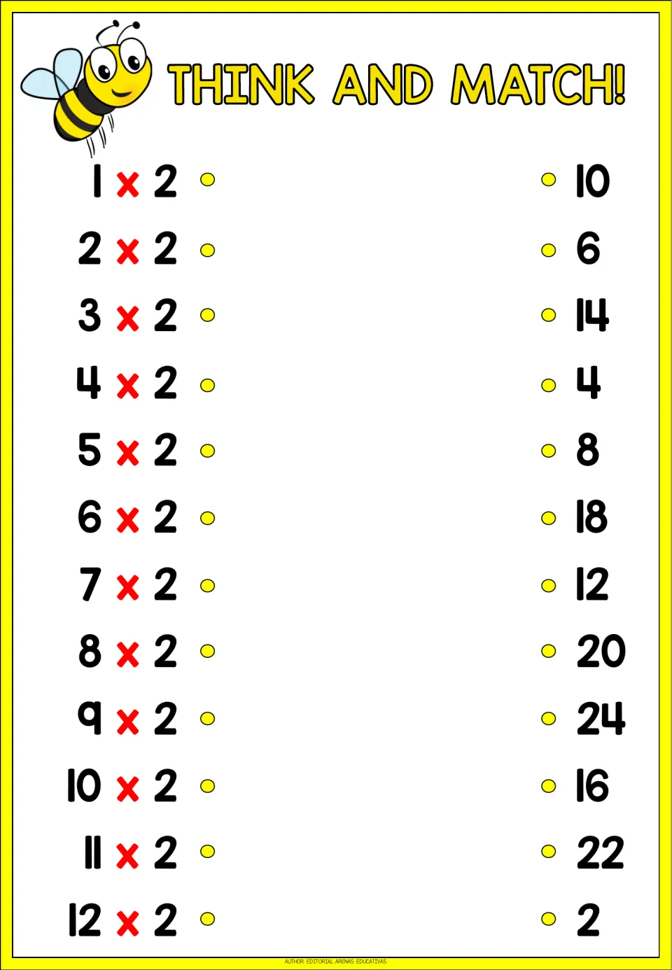 Think and Match! 2 times table with a bee: students connect 1 x 2 through 12 x 2 to scrambled products from 2 to 24