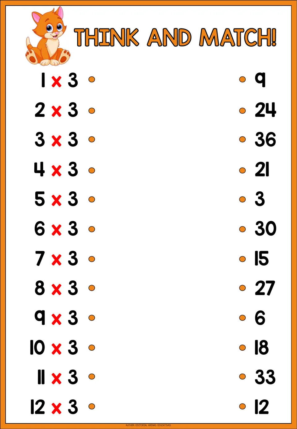 Think and Match! 3 times table with a kitten: students join 1 x 3 through 12 x 3 to products 3 to 36 listed out of order