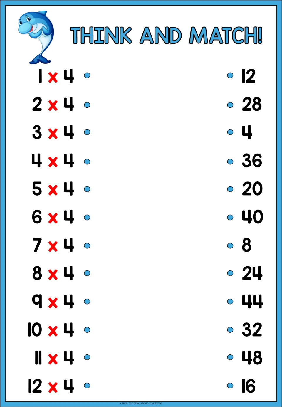 Think and Match! 4 times table with a dolphin: students link facts 1 x 4 to 12 x 4 with shuffled products from 4 to 48