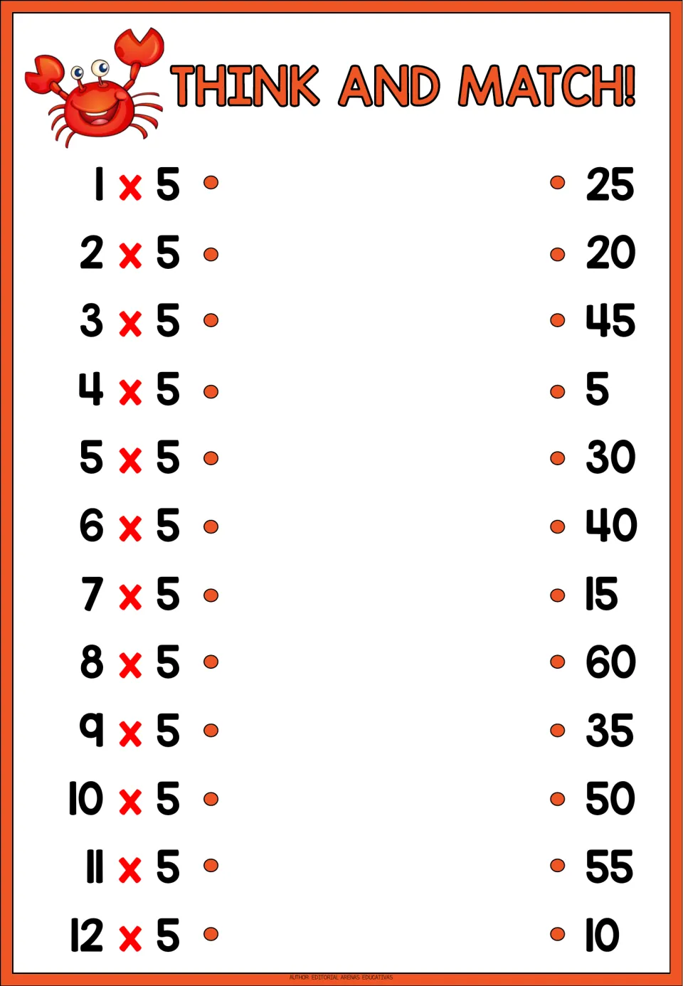 Think and Match! 5 times table with a crab: students draw lines from 1 x 5 through 12 x 5 to jumbled products 5 to 60