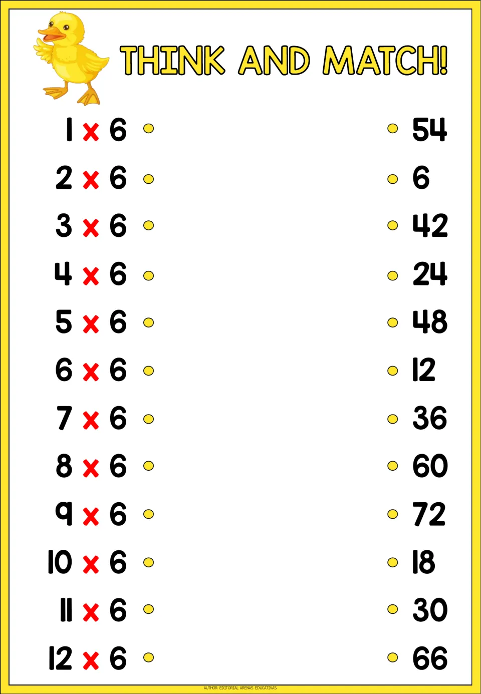 Think and Match! 6 times table with a duckling: students match 1 x 6 through 12 x 6 to mixed-up products from 6 to 72