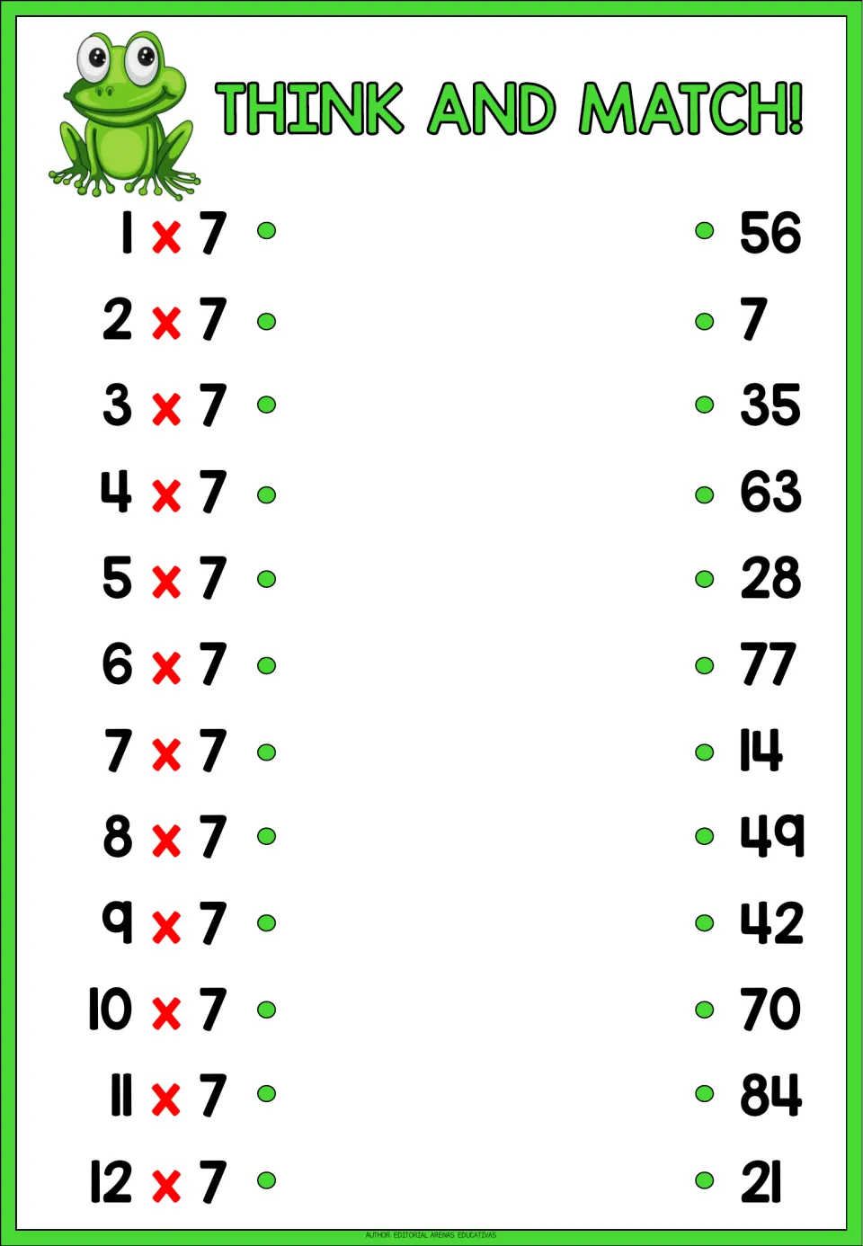 Think and Match! 7 times table with a frog: students connect each fact 1 x 7 to 12 x 7 with scrambled products 7 to 84