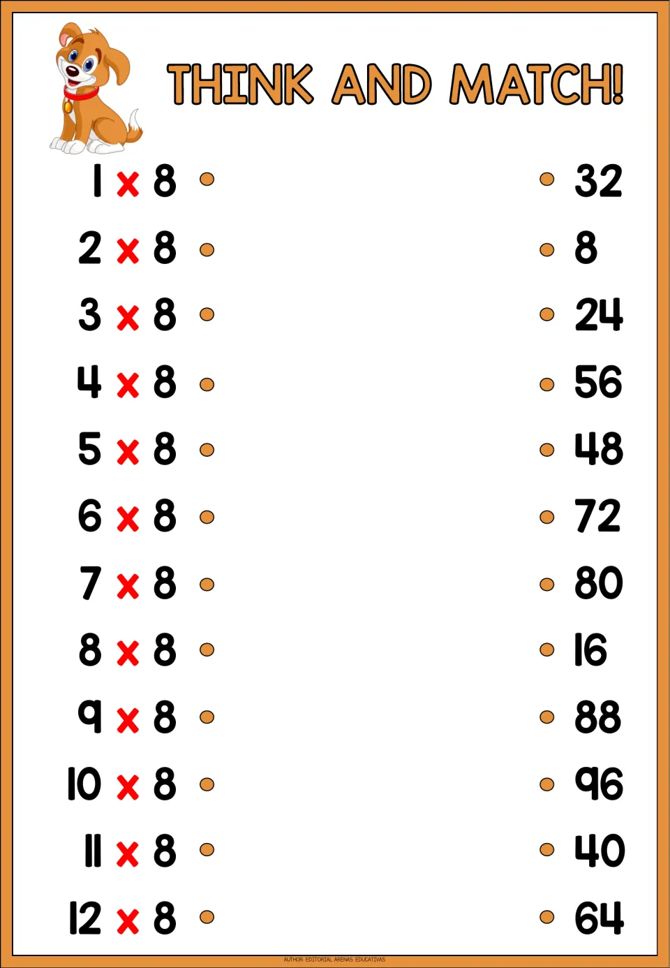 Think and Match! 8 times table with a puppy: students pair facts 1 x 8 through 12 x 8 with shuffled products 8 to 96