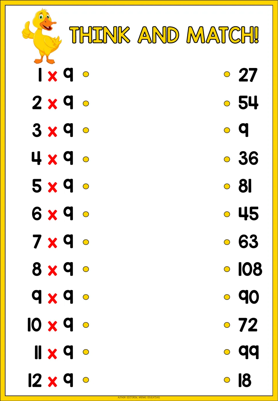 Think and Match! 9 times table with a duck: students link 1 x 9 through 12 x 9 to products 9 to 108 in random order