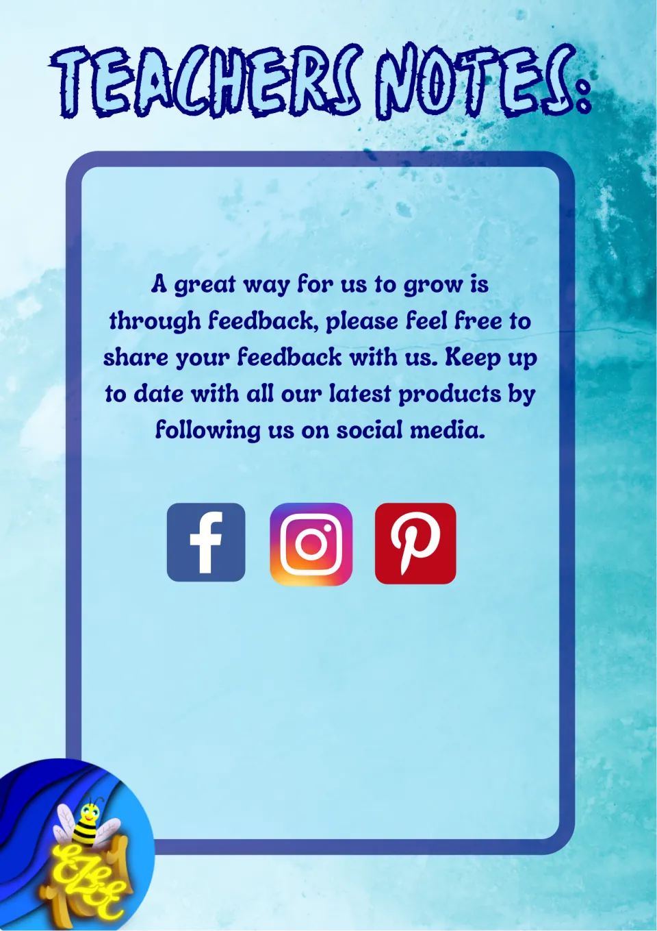 Teachers notes: a request from the author for feedback, with Facebook, Instagram and Pinterest icons for following them