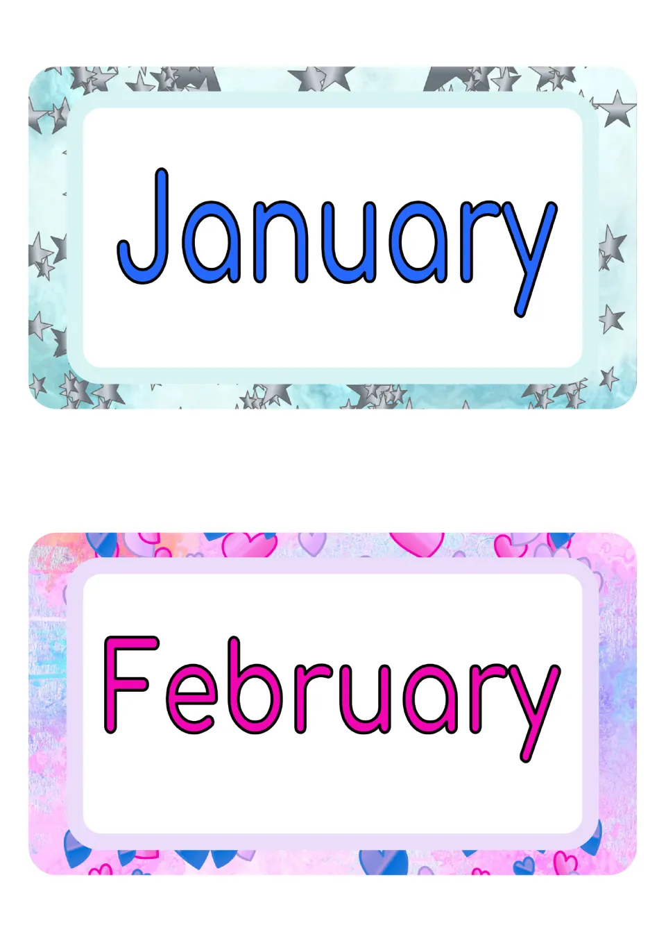 Month name cards: January in blue on a silver star frame and February in pink on a frame of pastel hearts, for display