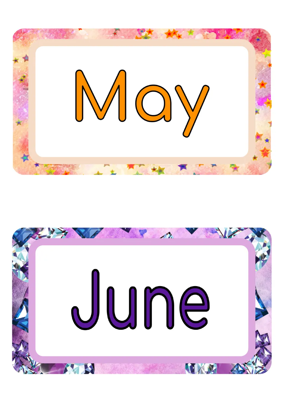 Month name cards: May in orange on a watercolor frame of rainbow stars and June in purple on a frame of sparkling gems