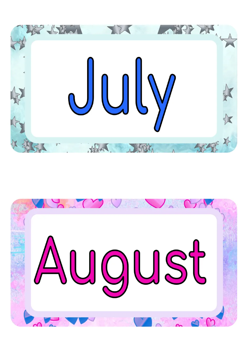 Month name cards: July in blue on a silver star frame and August in pink on a heart frame, matching the first two designs