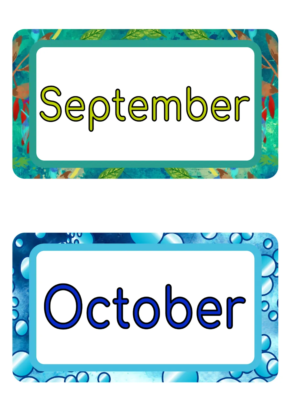 Month name cards: September in lime green on a teal leafy frame and October in dark blue on a frame of water bubbles