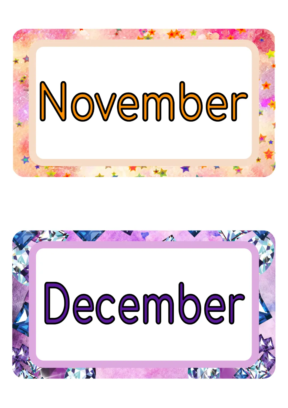 Month name cards: November in orange on a frame of rainbow stars and December in purple on a frame of sparkling gems