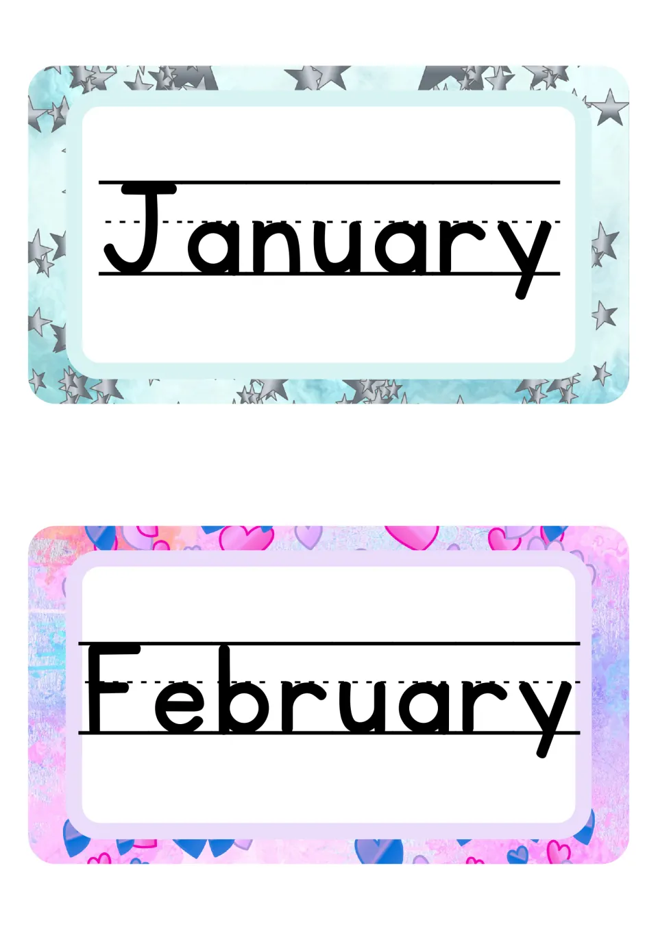 Handwriting-style month cards: January and February in black manuscript print on a dotted writing guide, for display