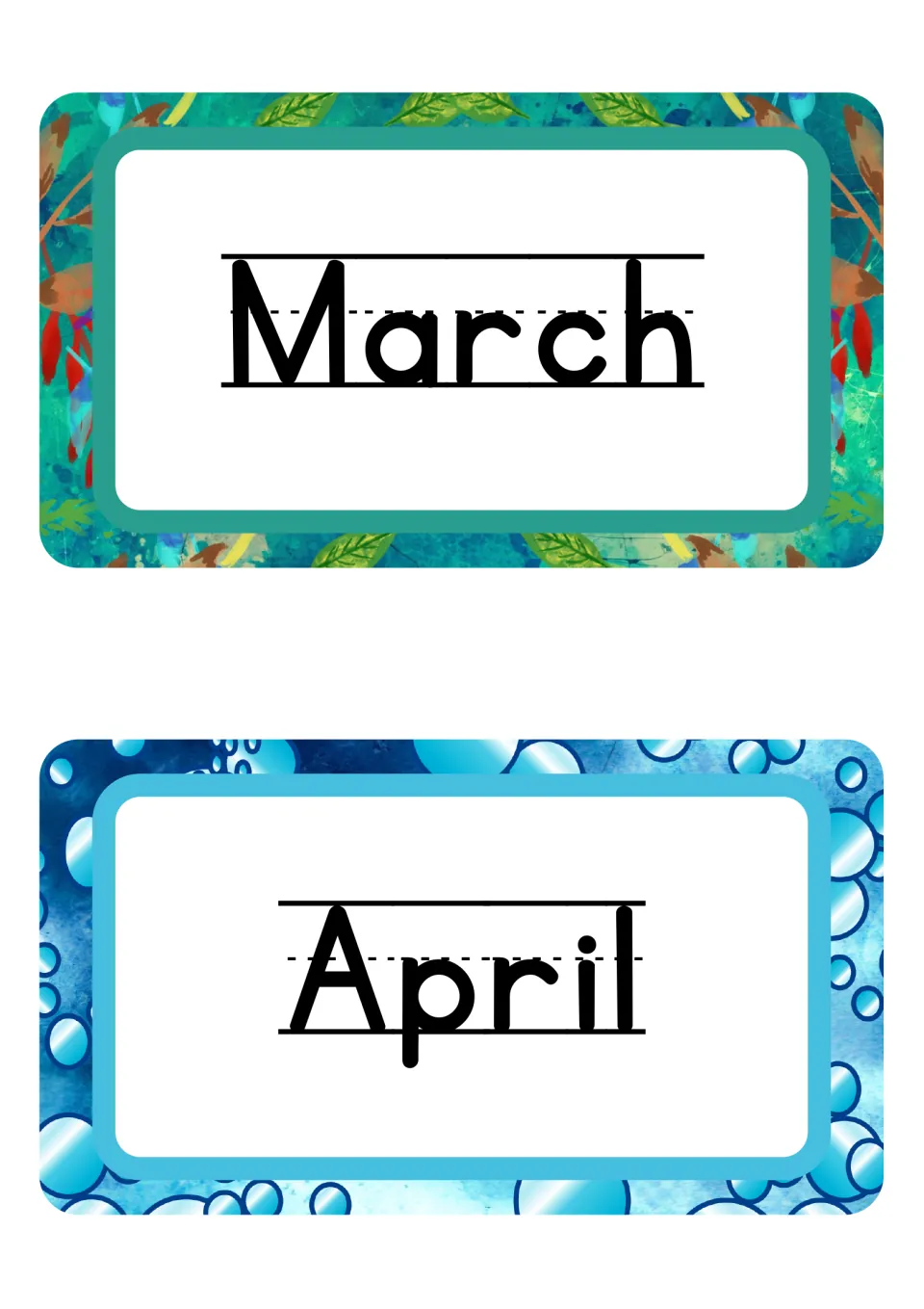 Handwriting-style month cards: March and April in black manuscript print on a dotted writing guide, leaf and bubble frames