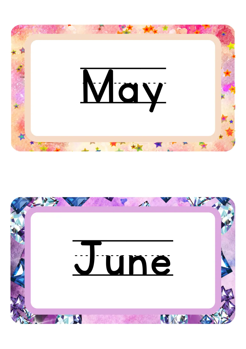 Handwriting-style month cards: May and June in black manuscript print on a dotted writing guide, star and gem frames