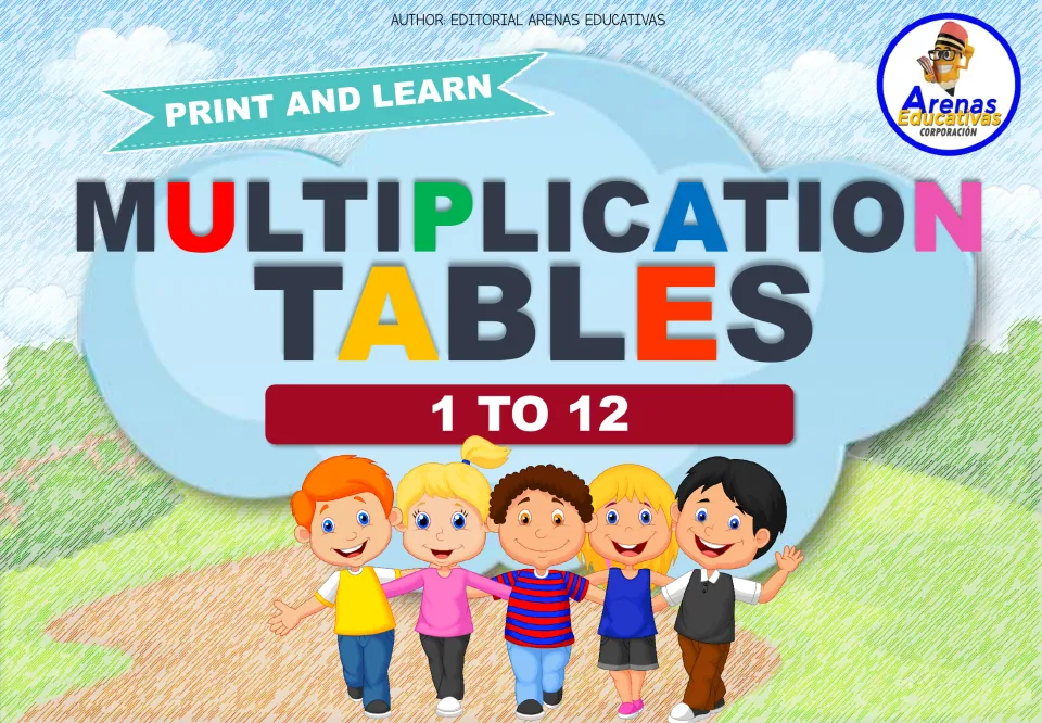 Cover for Multiplication Tables 1 to 12, a Print and Learn set by Editorial Arenas Educativas, showing five smiling children
