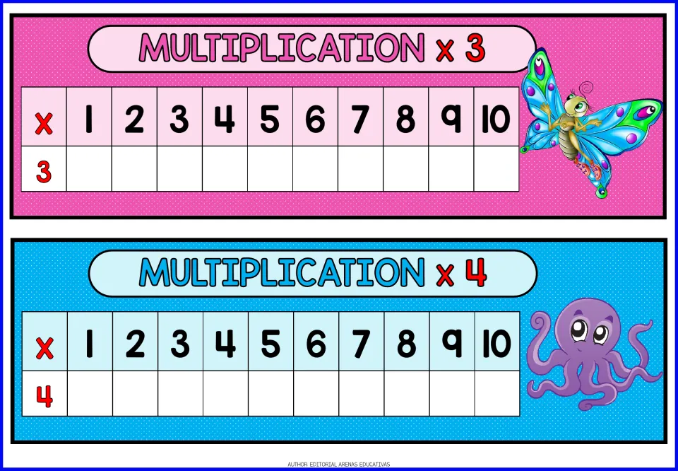 Multiplication x3 and x4 charts: students fill in products of 3 and 4 times 1 through 10, with a butterfly and octopus