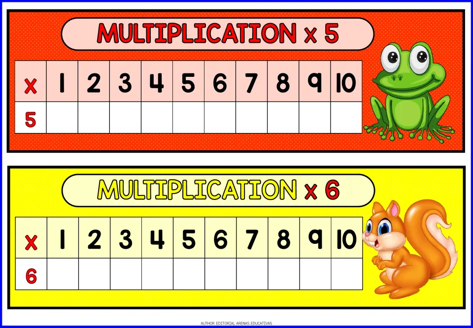 Multiplication x5 and x6 charts: students complete the products of 5 and 6 times 1 to 10, shown with a frog and a squirrel