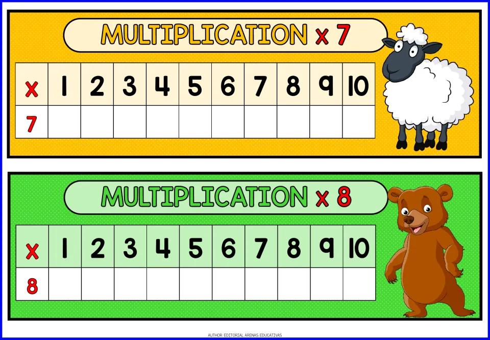 Multiplication x7 and x8 charts: students write the products of 7 and 8 times each factor 1 to 10, with a sheep and a bear