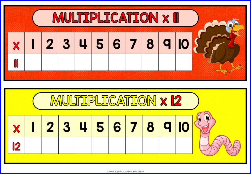Multiplication x11 and x12 charts: students fill in products of 11 and 12 times factors 1 to 10, with a turkey and a worm