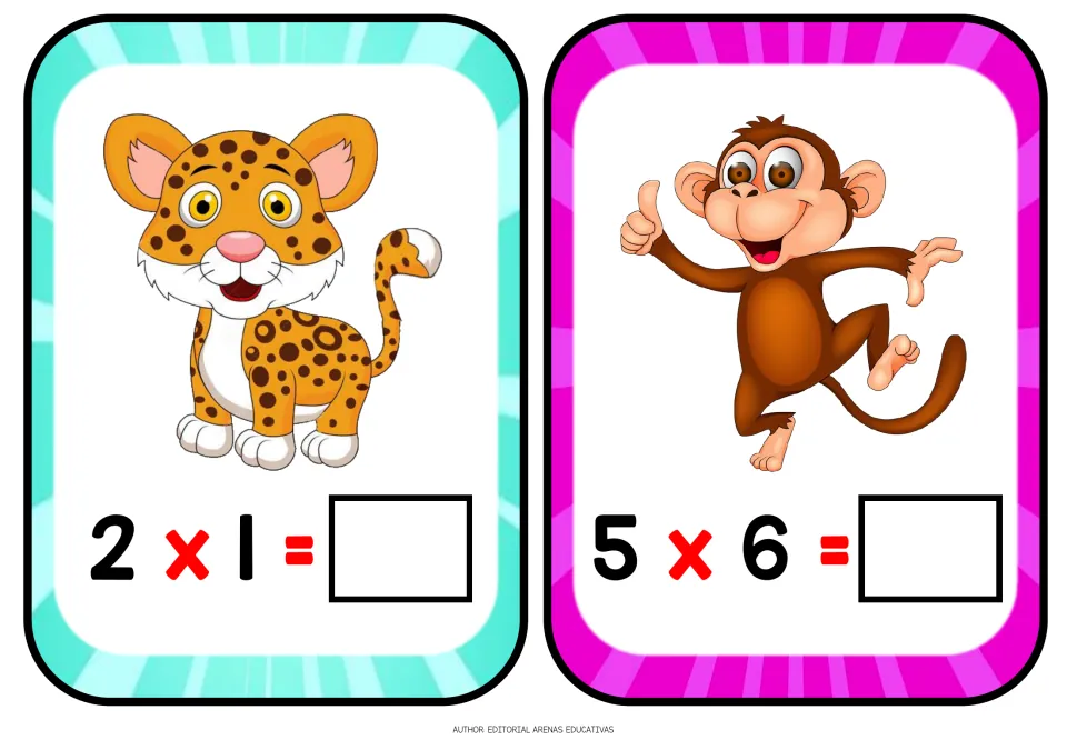 Multiplication flashcards 1–2 of 12: a leopard with 2 × 1 and a monkey with 5 × 6, both left unanswered