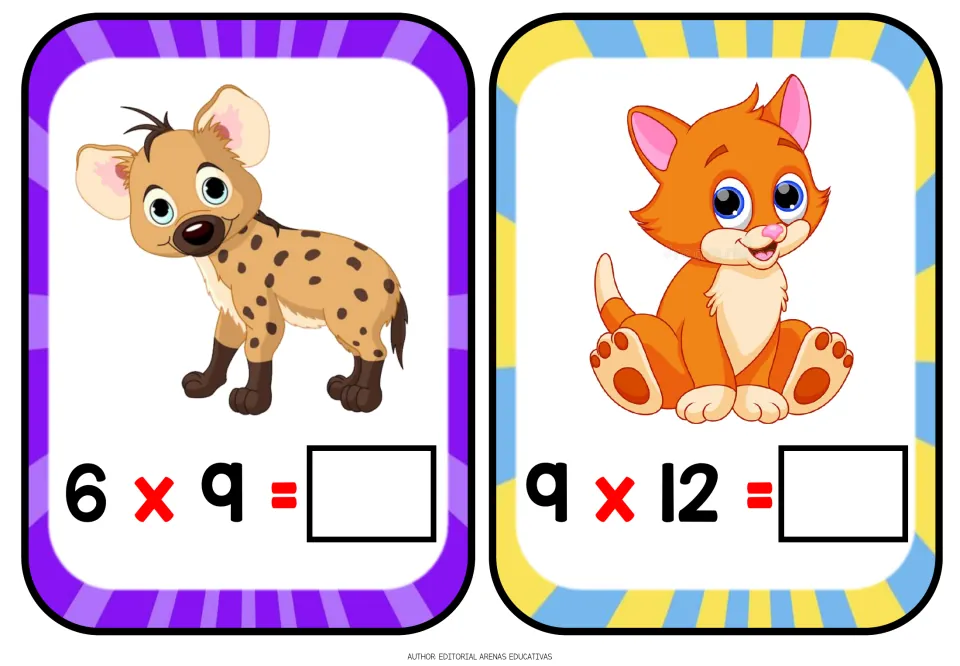 Multiplication flashcards 3–4 of 12: a hyena with 6 × 9 and an orange cat with 9 × 12, both unanswered