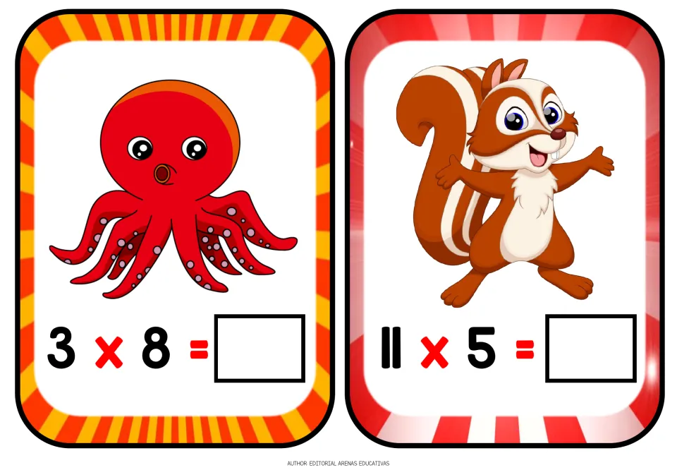 Multiplication flashcards 5–6 of 12: an octopus with 3 × 8 and a chipmunk with 11 × 5, both unanswered