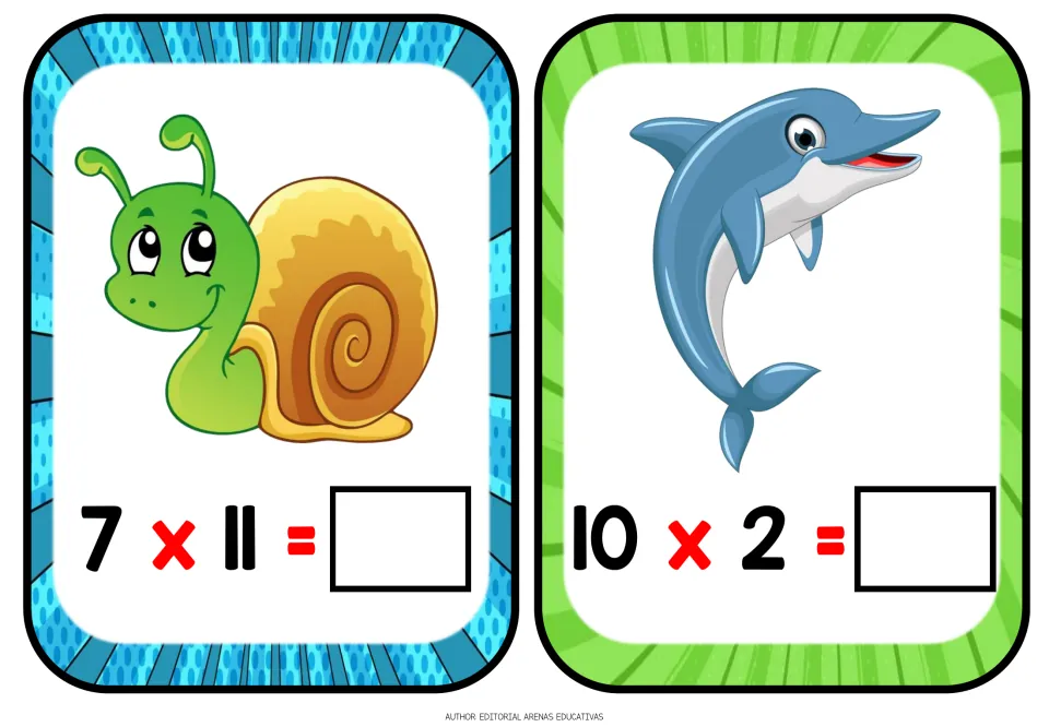Multiplication flashcards 7–8 of 12: a snail with 7 × 11 and a dolphin with 10 × 2, both left unanswered