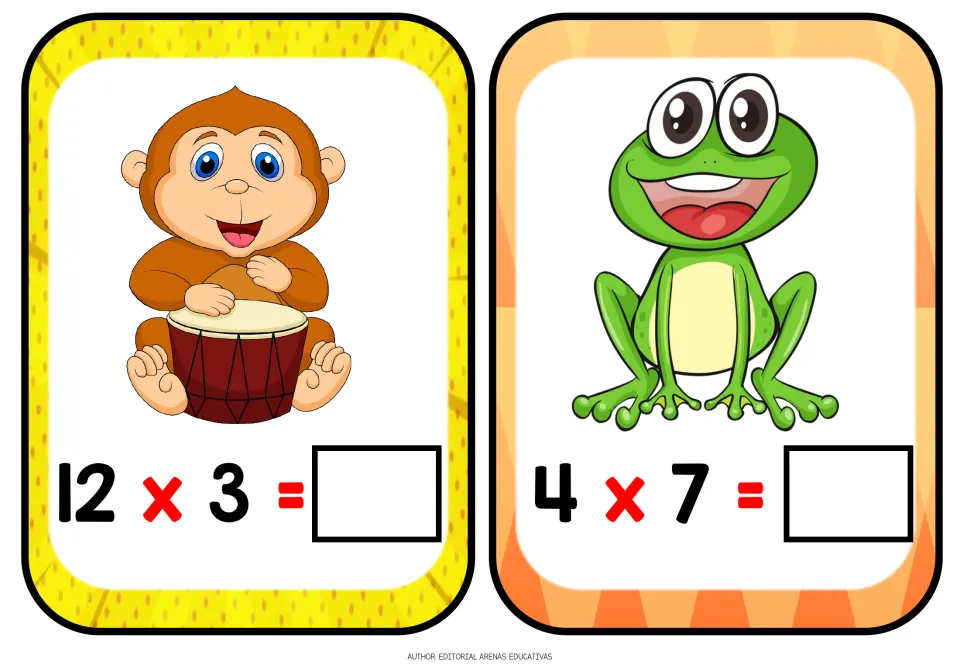 Multiplication flashcards 9–10 of 12: a drumming monkey with 12 × 3 and a frog with 4 × 7, both unanswered
